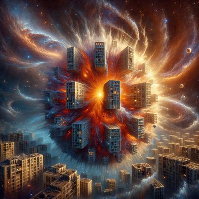 The primary subject of the image is a large, colorful explosion with a cityscape in the background. The visual style appears to be a digital art or illustration, as the explosion is depicted in a detailed and vibrant manner. The colors and mood of the image are energetic and dynamic, with the explosion's vivid colors contrasting against the cityscape's more subdued tones.